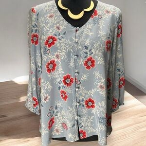 J Jill Petite Floral Button Front V Neck 3/4 Sleeve‎ Blouse Top Blue Red Cream S